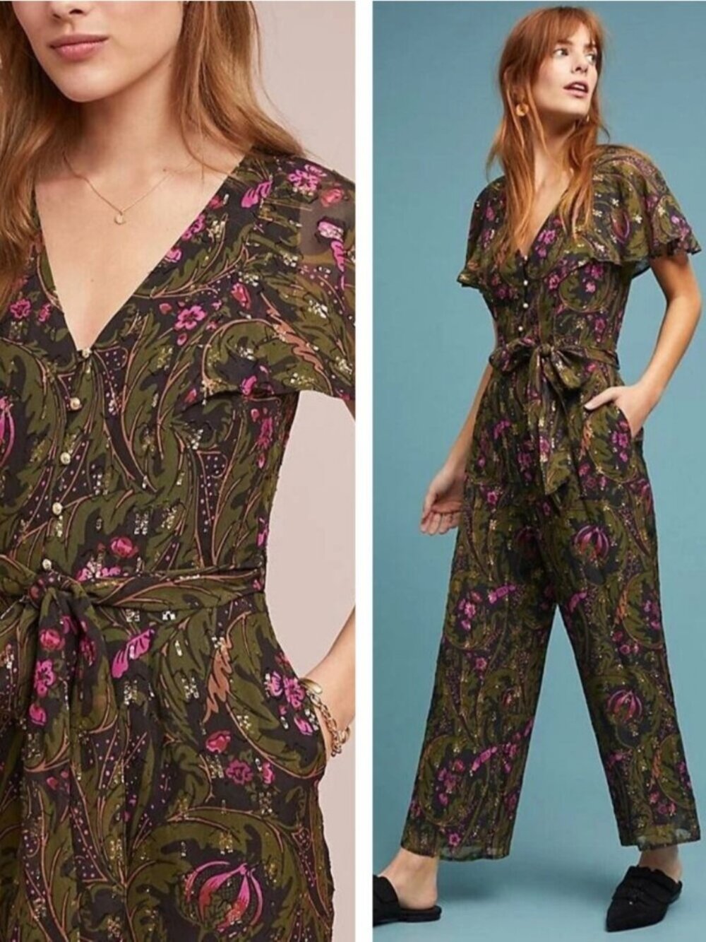 ANTHROPOLOGIE Ett:twa Floral Metallic Brenda Jumpsuit In Green Size 0